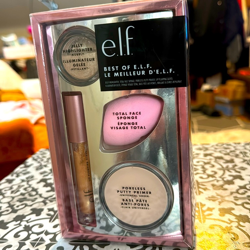 BNIB Elf Makeup Set: Poreless Putty Primer, Lip Gloss, Highlighter, Face Sponge